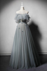 Green Gray Tulle Off Shoulder Custom Size Long Senior Prom Dress, Evening Dress