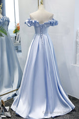 Blue Satin Long A Line Prom Dress, Blue Evening Dress