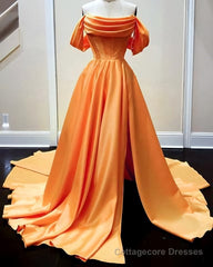 Long Satin Corset Prom Dresses, Off The Shoulder Side Split