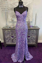 Glitter Lavender Sequins Prom Dresses, Long Formal Dresses With Slit