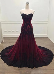 Black And Red Sweetheart Tulle With Lace Glam Evening Gown Party Dresses, Long Formal Dresses