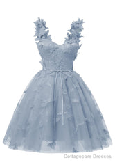 Dusty Blue 3D Butterfly Lace Applique Tulle Homecoming Dress for Teens Sweetheart Mini Short Prom Dresses