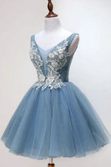 Dusty Blue Princess Tulle Appliqued Homecoming Dresses