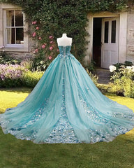 Dusty Blue Sweetheart Ball Gown Quinceanera Dresses Strapless with 3D Flowers