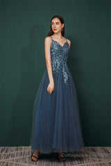 Dusty Blue Tulle A-line Low back Spaghetti strap Prom Dresses