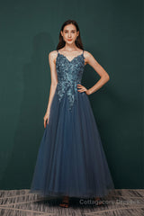 Dusty Blue Tulle A-line Low back Spaghetti strap Prom Dresses