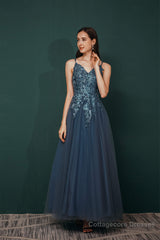 Dusty Blue Tulle A-line Low back Spaghetti strap Prom Dresses