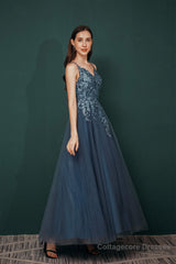 Dusty Blue Tulle A-line Low back Spaghetti strap Prom Dresses