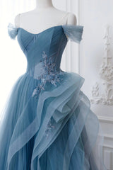 Dusty Blue Tulle Floor Length Prom Dresses, Blue Off the Shoulder Removable Sleeve Evening Dresses