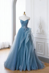 Dusty Blue Tulle Floor Length Prom Dresses, Blue Off the Shoulder Removable Sleeve Evening Dresses