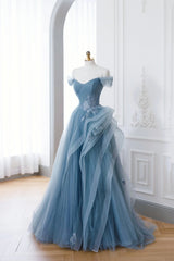 Dusty Blue Tulle Floor Length Prom Dresses, Blue Off the Shoulder Removable Sleeve Evening Dresses