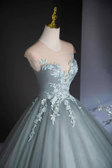 Dusty Green Tulle Floor Length Prom Dress with Lace, Elegant A-Line Formal Evening Dress