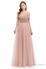 Dusty Pink Crystal Sparkle Starry Prom Dresses with Straps Backless