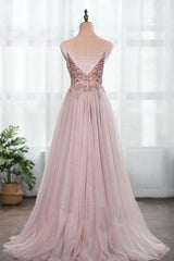 Dusty Pink Spaghetti Straps Gorgeous Beading Prom Dresses A Line Split Tulle Evening Dresses