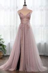 Dusty Pink Spaghetti Straps Gorgeous Beading Prom Dresses A Line Split Tulle Evening Dresses