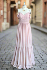 Dusty Rose A-Line Bow Ruffle Sleeveless Chiffon Bridesmaid Dress