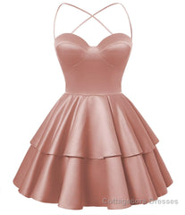 Dusty Rose Satin Homecoming Dress Sweetheart Neck Tiered Short Graduation Dresses