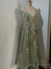 Dusty Sage Prom Dress Plunging V Neck Appliques Lace-Up A-line Long Evening Gown