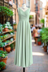 Dusty Sage V Neck Long Chiffon Bridesmaid Dress with Bow