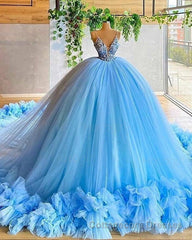 spaghetti straps beading bodice tulle ball gown evening dress with handmade flowers