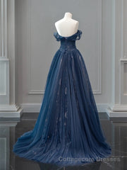 A-Line Off Shoulder Tulle Lace Dark Blue Long Prom Dress, Dark Blue Long Evening Dress