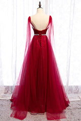 Burgundy Prom Dresses, Spagetti-Strap Sleeveless Prom Dresses Tulle Ruffles with Beadings