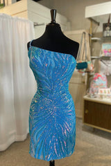 Blue One Shoulder Sequined Sheath Homecoming Dresses