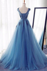 Appliques Lace Up Capped Sleeves A-Line/Princess Tulle 2025 Blue Prom Dresses