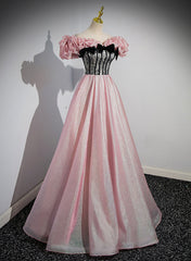 Elegant A-line Pink Off Shoulder Long Evening Dresses, Pink with Black Lace Long Prom Dresses