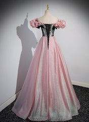 Elegant A-line Pink Off Shoulder Long Evening Dresses, Pink with Black Lace Long Prom Dresses