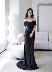 Elegant Black Off Shoulder Long Formal Gown, Black Satin Prom Dresses Party Dresses