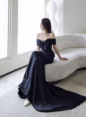 Elegant Black Off Shoulder Long Formal Gown, Black Satin Prom Dresses Party Dresses