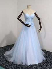 Elegant Blue Tulle Sweetheart Party Dress Formal Dress, Blue Lace Applique Prom Dress 2025