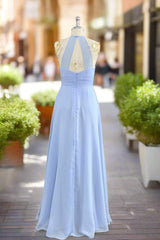 Elegant Chiffon Halter Floor Length Sky Blue Bridesmaid Dress