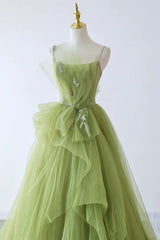 Elegant Green Tulle Straps Long Formal Dresses, Green Tulle Evening Dresses Party Dresses