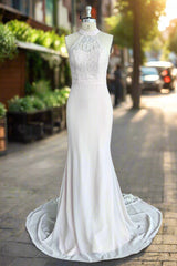 Elegant Halter Court Train Bridesmaid Dresses Chiffon Lace Mermaid Wedding Gown