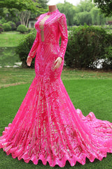 Elegant Hot Pink Mermaid Prom Dresses Sequin Evening Party Dresses Pageant Dresses for Women