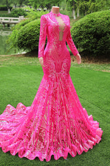 Elegant Hot Pink Mermaid Prom Dresses Sequin Evening Party Dresses Pageant Dresses for Women