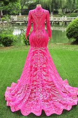 Elegant Hot Pink Mermaid Prom Dresses Sequin Evening Party Dresses Pageant Dresses for Women