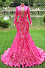 Elegant Hot Pink Mermaid Prom Dresses Sequin Evening Party Dresses Pageant Dresses for Women