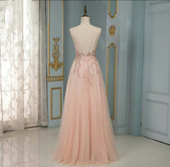 Elegant Long A-line V-neck Sequins Tulle Backless Prom Dresses