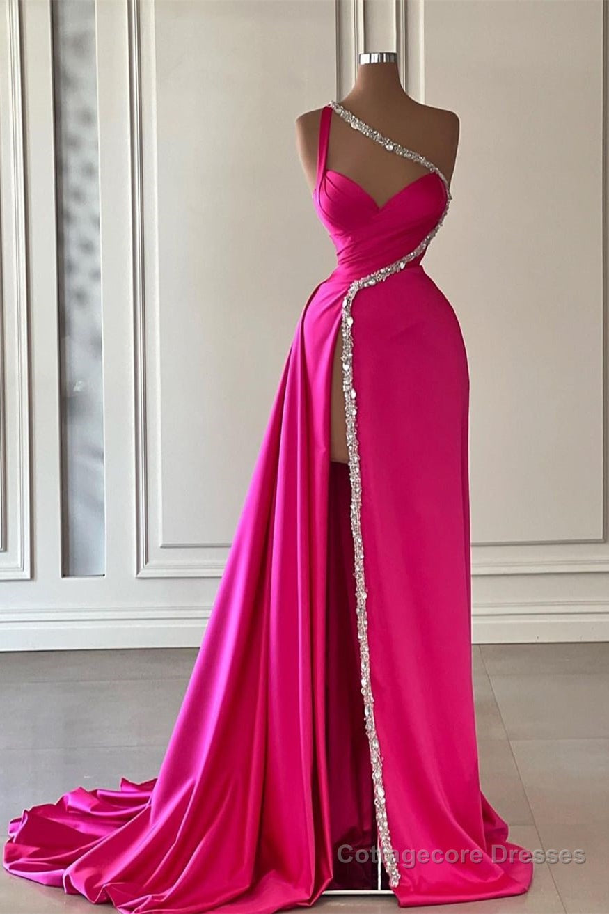 Elegant Long Fuchsia One Shoulder Jewels Sleeveless Prom Dresses Long Slit Online