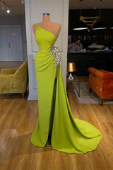 Elegant One Shoulder Mermaid Long Evening Dresses With Beads Slit