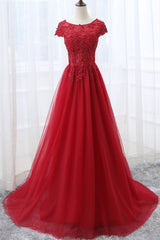 Elegant Red Tulle Long Prom Dress with Lace Applique, Red Party Gowns