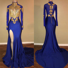 Elegant Royal Blue Prom Party GownsMermaid Long Sleeves With Appliques