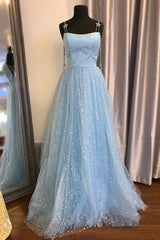 Elegant Spaghetti Straps A-Line Light Sky Blue Tulle Formal Dresses