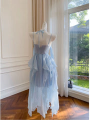 Elegant Spaghetti Straps Blue Chiffon Homecoming Dresses Birthday Dresses