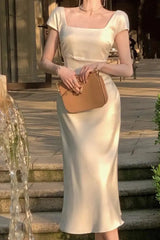 Elegant Square Neck Long Party Dresses Beige Satin Mermiad Prom Evening Dresses