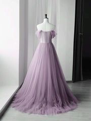 Elegant Tulle Long Party Dresses with Flowers, A-line Tulle Evening Dresses Prom Dresses