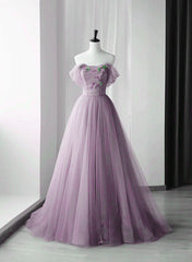 Elegant Tulle Long Party Dresses with Flowers, A-line Tulle Evening Dresses Prom Dresses